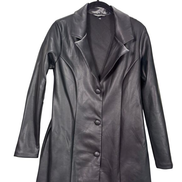 Wearever Black Faux Leather Retro Mini Dress Tunic Jacket Size M Button Front - Picture 3 of 8